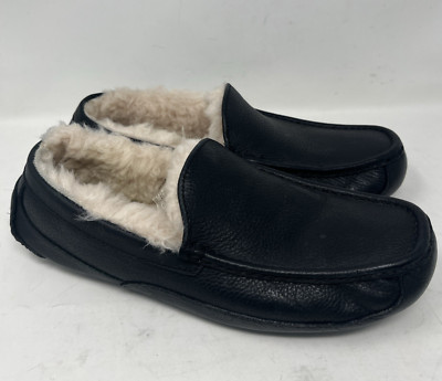 UGG ASCOT LEATHER PLUSH WOOL SLIPPERS 5379B Black Mens Size 10