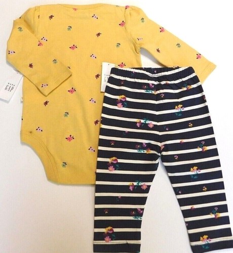 Gap Baby Girl Bodysuit Leggings Gold Navy Blue SIZE 6-12 Month Floral Stripe NEW - Picture 4 of 4