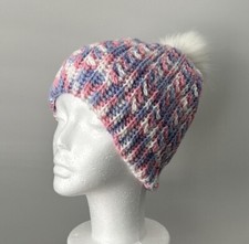 Crochet Hat With Faux Fur Pom Pom Cozy Soft Multicolor Pink Purple NEW Handmade