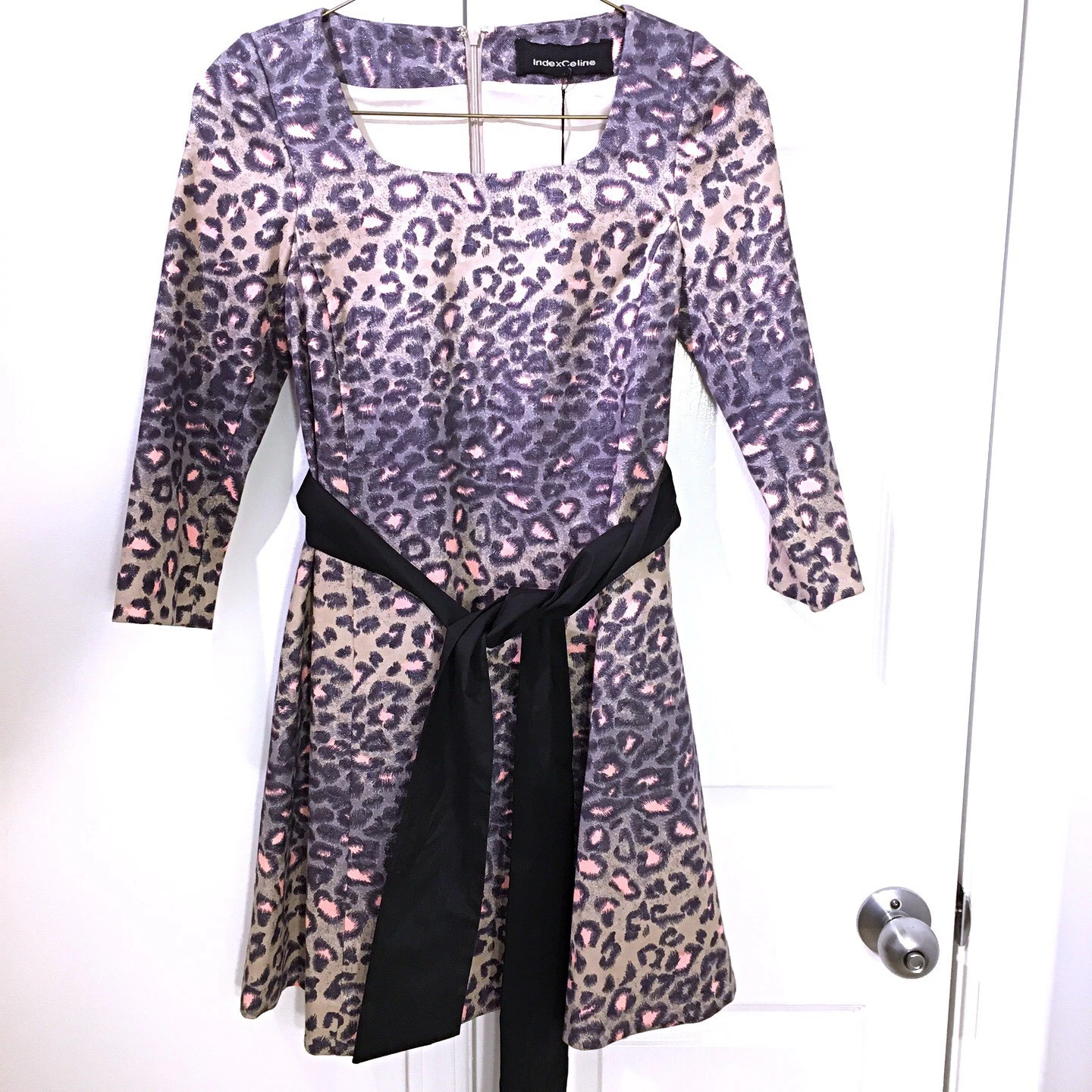 Mini abito da tenda Index Celine nuovo con etichette rosa viola stampa leopardata cintura taglia 4
