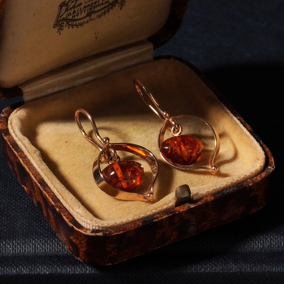 Pendientes colgantes vintage de ámbar báltico modernista soviético ruso oro rosa 14k Foto 3 de 4