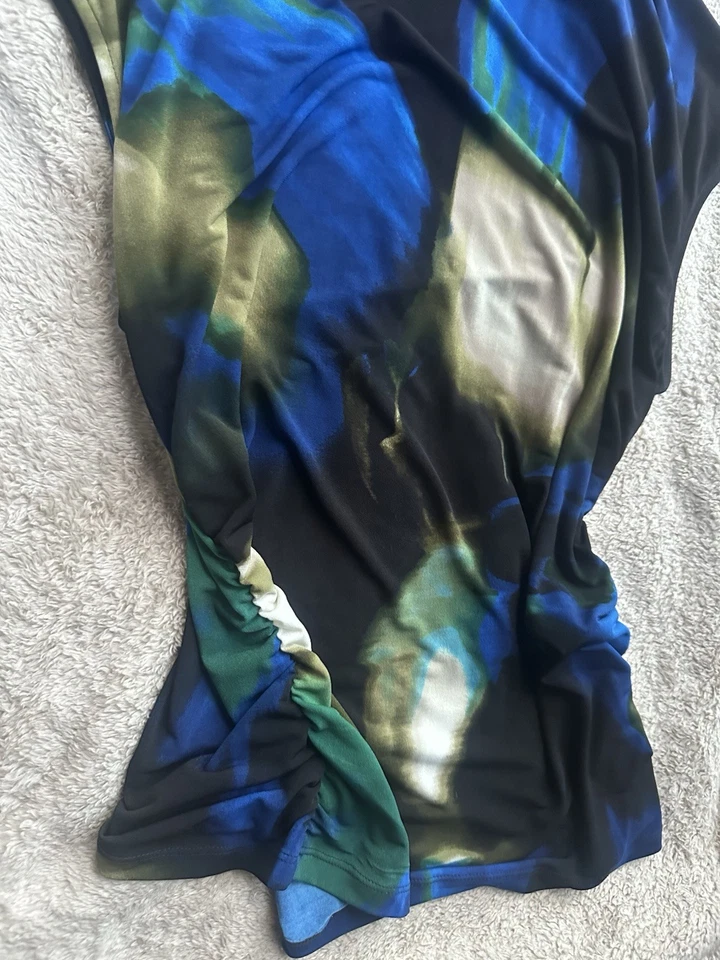DKNY Abstract Floral Print Ruched Top Women’s Large Blue Green Black Stretch - Image 2 of 4