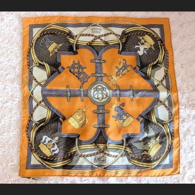 Hermes Carre 45 Silk Scarf Orange Equestrian Emblem Print Excellent