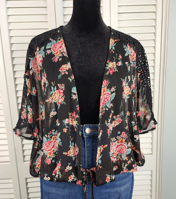 Belle du Jour Floral Kimono sz M Sheer Black Topper Lace Boho Romantic Festival
