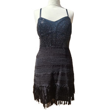 Reiss Black Fringe Cocktail Dress Womens UK 10 Beaded Party Mini