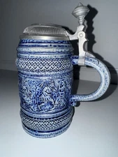 German Gerz  Stoneware  Pewter Lidded Beer Stein Tankard Mug Party Dancing VTG