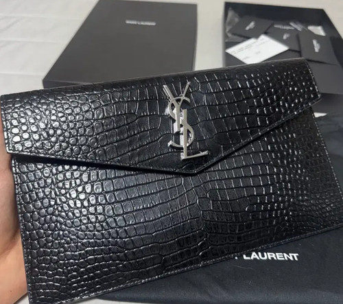 Saint Laurent Uptown YSL Pouch Clutch in Croc-Embossed Leather - Black