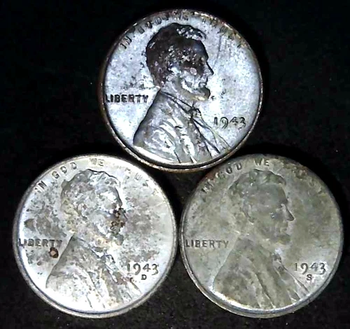 1943-P D S 1C Lincoln Wheat Cent AU Steel (3 Coins) 25lct0914-1