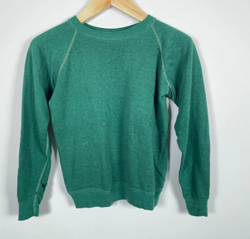 70s Blank Sweatshirt Green Adult Small Raglan Sleeves Distressed Solid VTG