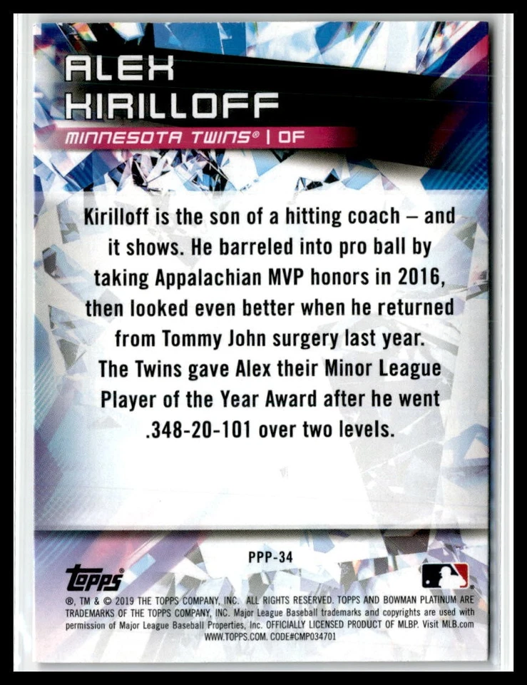 Alex Kirilloff 2019 Bowman Platinum Prismatic Prodigies #PPP-34 Minnesota Twins - Image 2 of 2