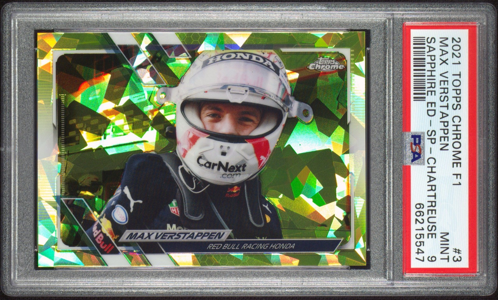 Max Verstappen 2021 Topps Chrome Formula 1 Sapphire #3 IV Chartreuse /199 PSA 9