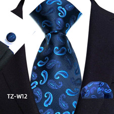 New Classic Paisley Blue Jacquard Silk Men's Tie Necktie Hanky Cufflink Set