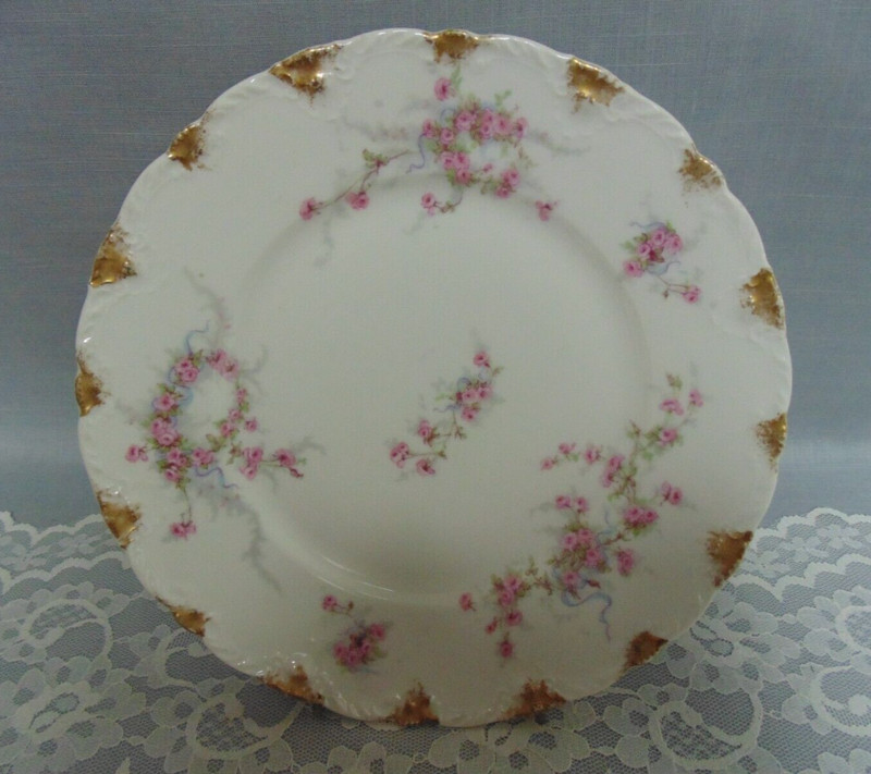 Theodore Haviland Limoges Dinner Plate Sch 342G.Blue Ribbon Pink Roses Gold
