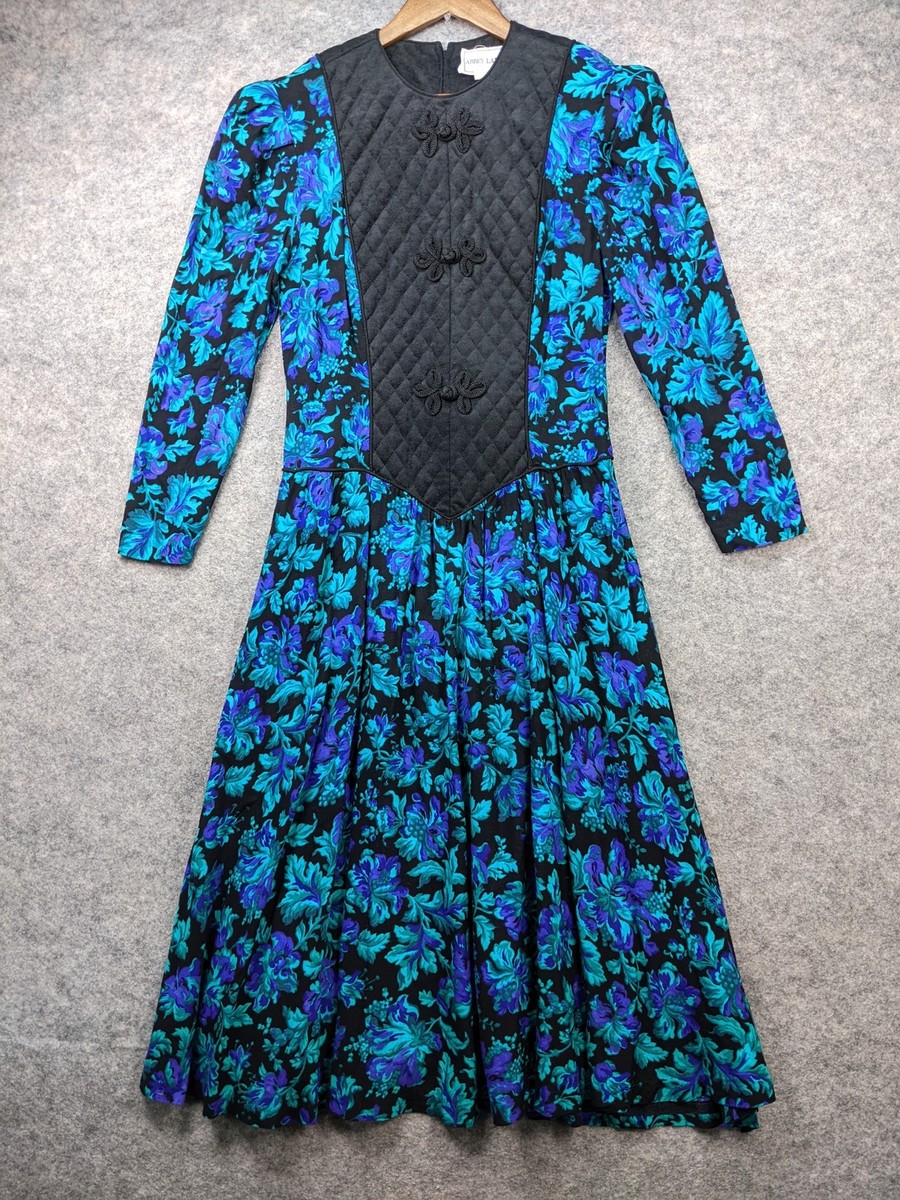 Abbey Lane Dress Womens 14 Blue Green Floral Midi Fit & Flare Quilted Panel  | eBay