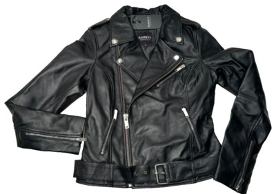 Leder Bikerjacke UK 8 Barneys Damen Emma schwarz Gürtel asymmetrischer Reißverschluss
