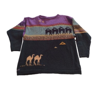 Earth Design Ltd Women s Cotton Sweater Size XL Hand Loomed Elephant Camel Print