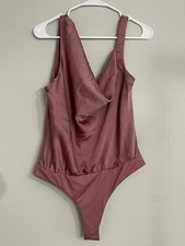 NWT ASTR The Label Cowl Neck Asymmetrical Satin Bodysuit Size L Pink