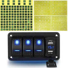 3 Gang Toggle Rocker Switch Panel USB Car Boat Marine RV Truck Blue LED 12V-24V