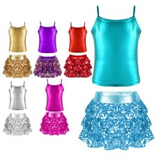 Kids Girls Tank Top And Skirts Tiered Dance Outfit Theme Party Fashion Shiny