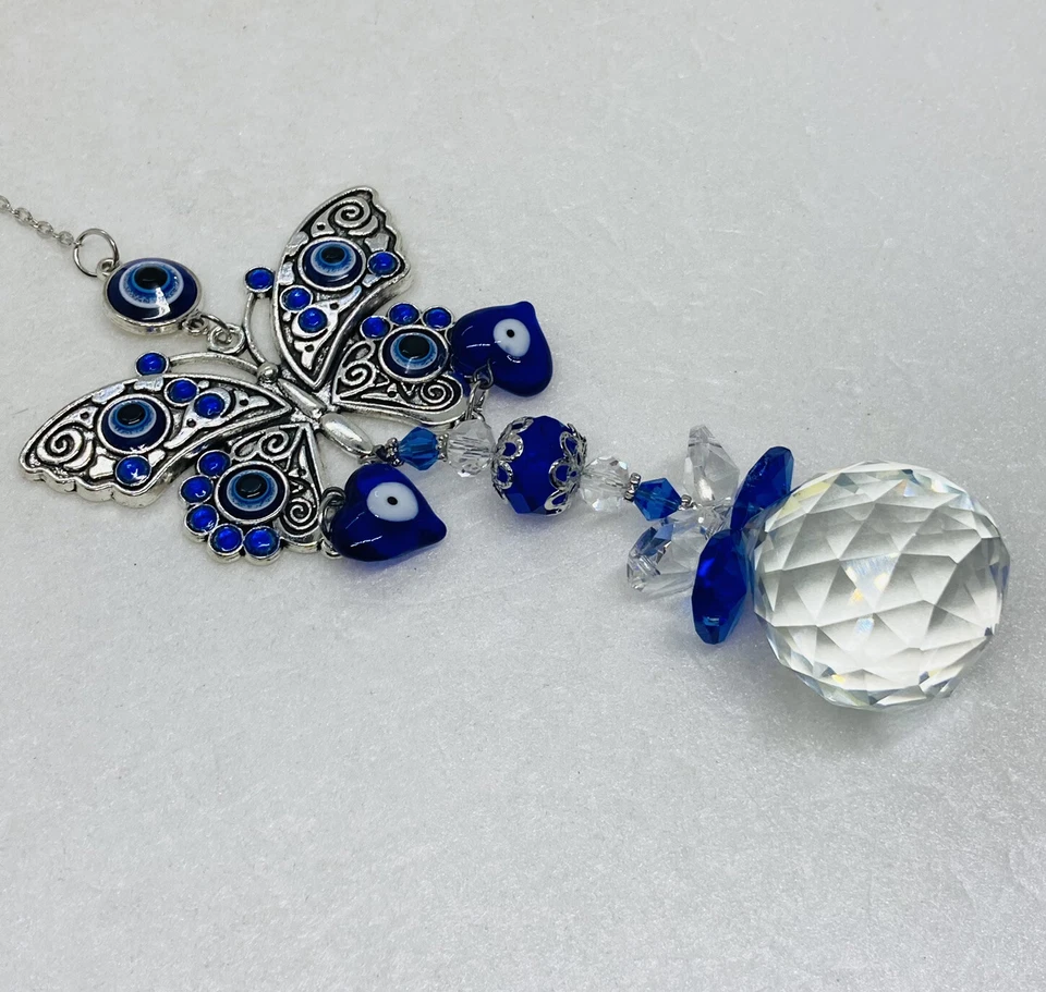 "Abrigo atrapasol mariposa vintage piedras ojos azules cristal vidrio 14"" arte decoración 1" Foto 3 de 4