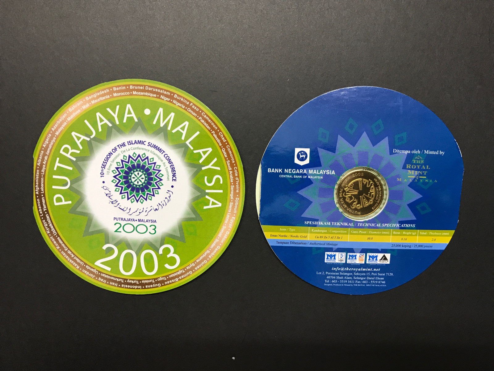 Card Coins Malaysia 10th Islamic Summit  1 Ringgit 2003 Nordic Gold BU