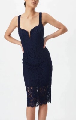 BARDOT Adeline Lace Plunge-Neck Midi Dress Navy New Size Medium, 6 | eBay