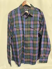 Vintage Wrangler Western Shirt Mens Green Red Plaid Pearl Snap XL Fast Shipping
