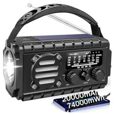 20000mah Emergency Radio, SW/NOAA/AM/FM Weather Radio, Solar Powered Black