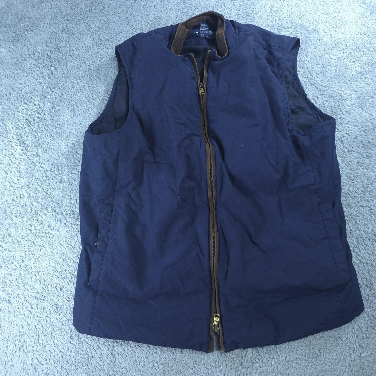 Polo Golf Ralph Lauren Vest Mens Large Blue Quilted Full Zip Leather Trim Golf