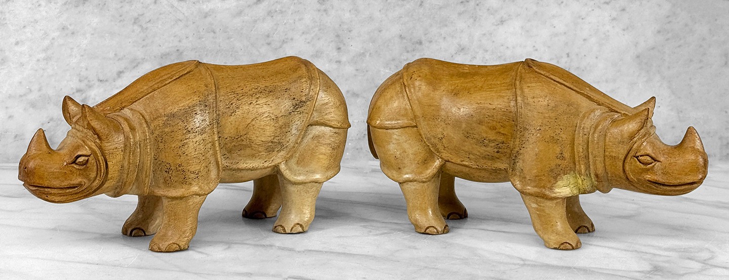 Vintage Teak African Rhino Carved Sculpture - A Pair