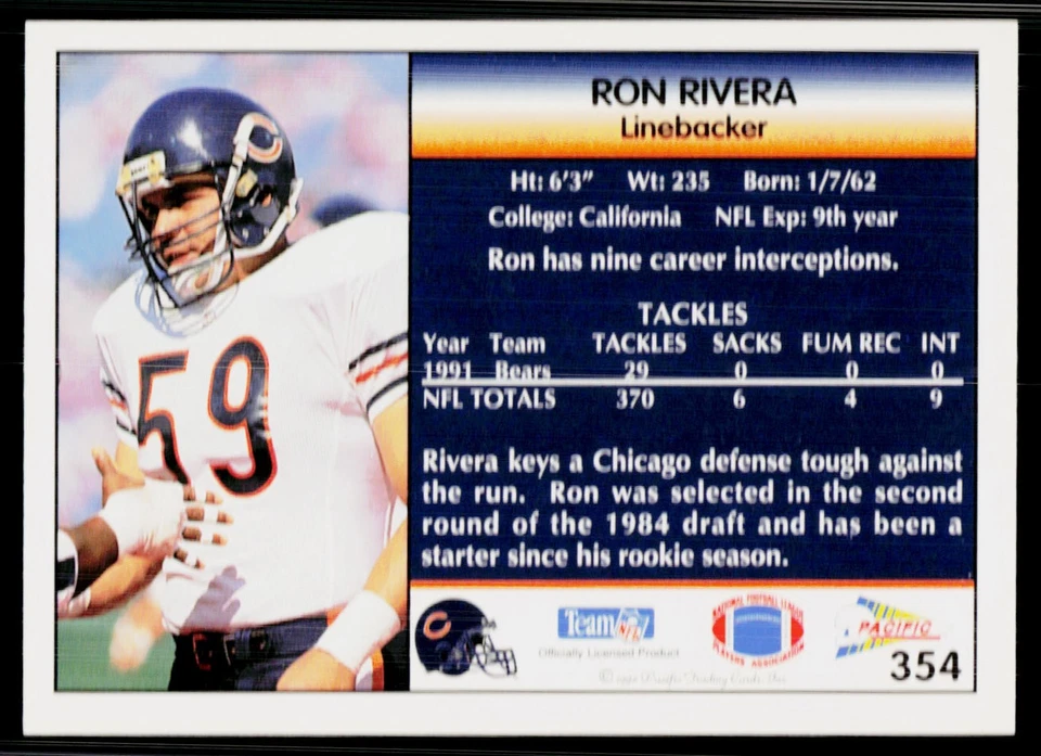 Ron Rivera, 1992 Pacific, #354, Chicago Bears, - Image 2 of 2