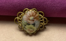 Ornate Victorian Style Floral Hand Painted Porcelain Gold Tone Hair Barrette