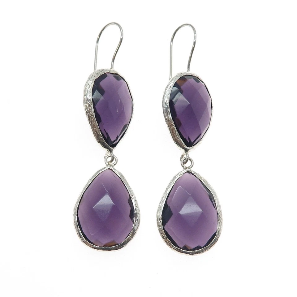 925 Sterling Silver Real Pear-Cut Amethyst Dangle Earrings - Image 4 of 4