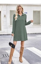 NAGGOO Women’s Medium Olive Green Ribbed Sweater Dress – Quarter Zip Polo Collar