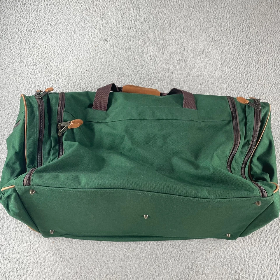 Bolsa de viagem vintage LL Bean verde lona acabamento em couro viagem fim de semana pernoite - Imagem 3 de 4