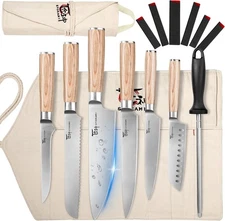 Chef Knife Set, 14pcs Japanese Kitchen Knife Set with Roll Bag, Pakkawood Handle