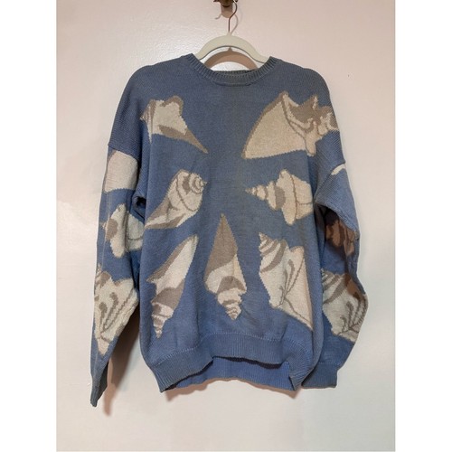 Perry Ellis, Vintage 1990s Perry Ellis Sea Shell Light Blue Crewneck Sweater Coastal Grandma