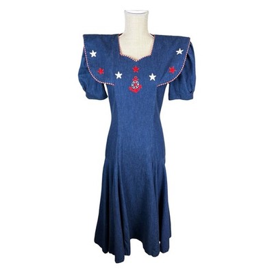 Vtg 80s Go Vicki Denim Nautical Fit & Flare Midi Dress Size 3/4 Sailor Collar