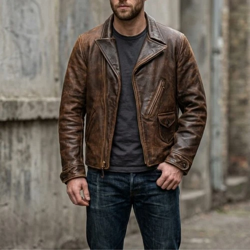 1930s Style Distressed Cowhide Leather Jacket Asymmetrical Vintage Rider Coat image 15