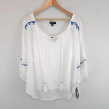 I.N. Studio Women's Boho Peasant Embroidered Top White/Blue Tassel Tie Size 1X
