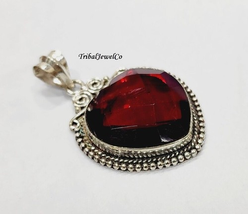 925 Sterling Silve Garnet Cabuchon Necklace Statement Gift Handmade Jewelry Gift - Picture 3 of 7