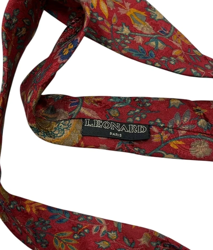 Gravata de seda LEONARD ITÁLIA vermelho ouro verde floral W:3.8" em excelente estado usado - Imagem 4 de 4