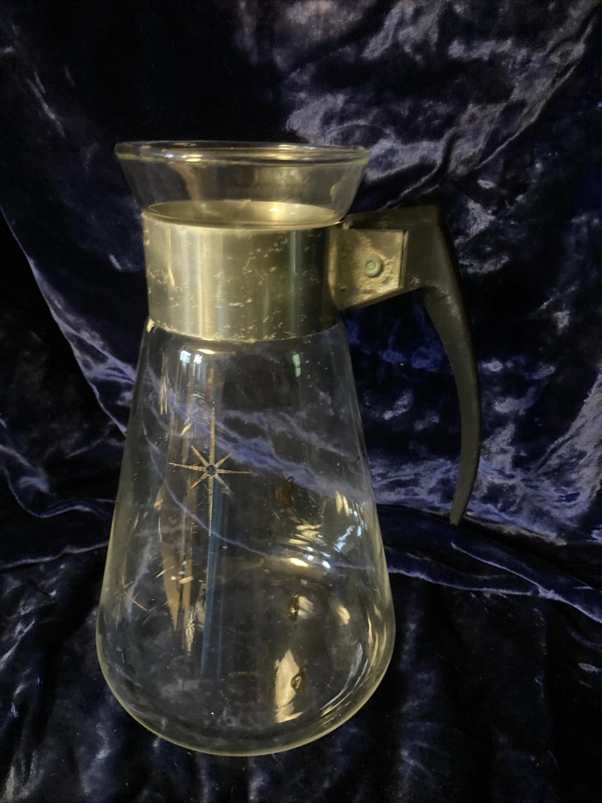 Vintage Retro Corning 6 cup Coffee Carafe Clear Glass Gold Atomic Star Design