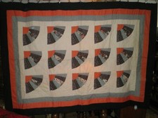 VINTAGE BEAUTIFUL HAND STITCHED PATCHWORK GRANDMA'S FAN QUILT, 80X58"