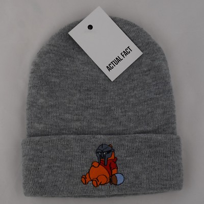Actual Fact MF Doom Mask x Pooh Embroidered Hip Hop Roll Up Grey Beanie Hat