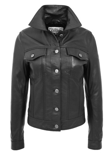 Womens Trucker Leather Jacket Black Fitted American Girls Denim Biker Style Coat - Picture 3 of 9