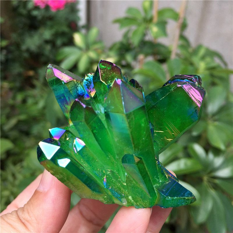 50g Natural Aura Green Titanium Stone Quartz Crystal Cluster Spiritual Healing
