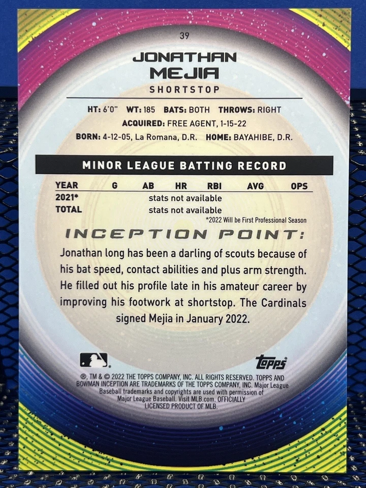 2022 Bowman Inception JONATHAN MEJIA St. Louis Cardinals Base 39 Initiation - Image 2 of 2