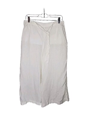 Promod White Linen High Rise Tie Waist Wide Leg Cropped Pants