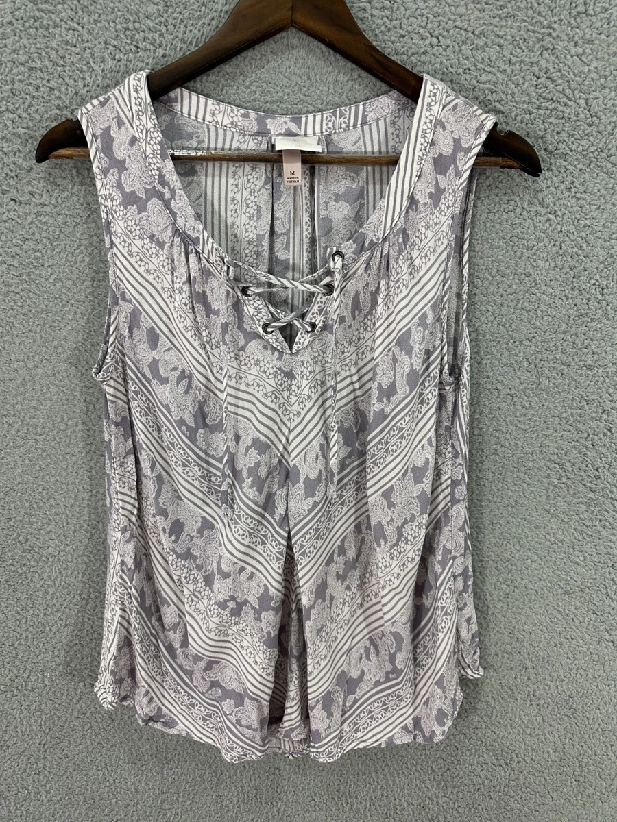 Knox Rose womens tank top Medium gray floral geometric lace up